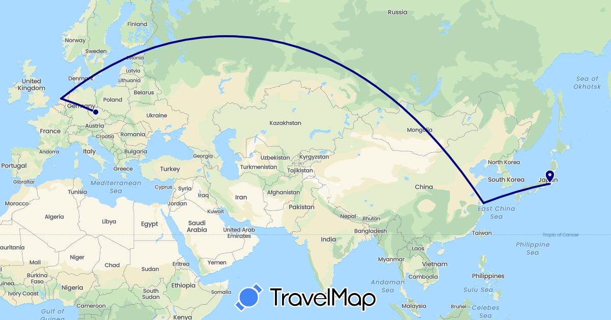 TravelMap itinerary: driving in China, Czech Republic, Japan, Netherlands (Asia, Europe)